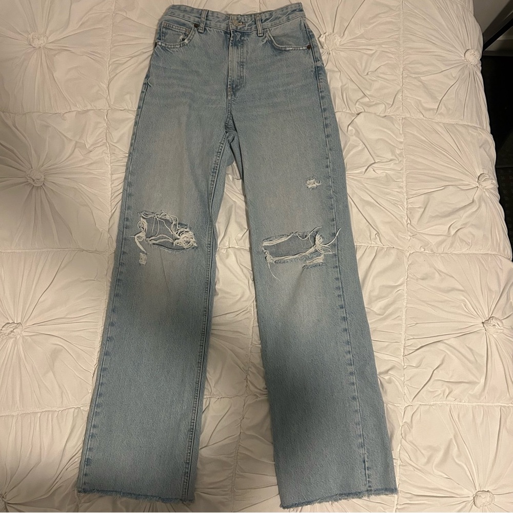 Zara Light Blue Distressed Wide Leg Jeans